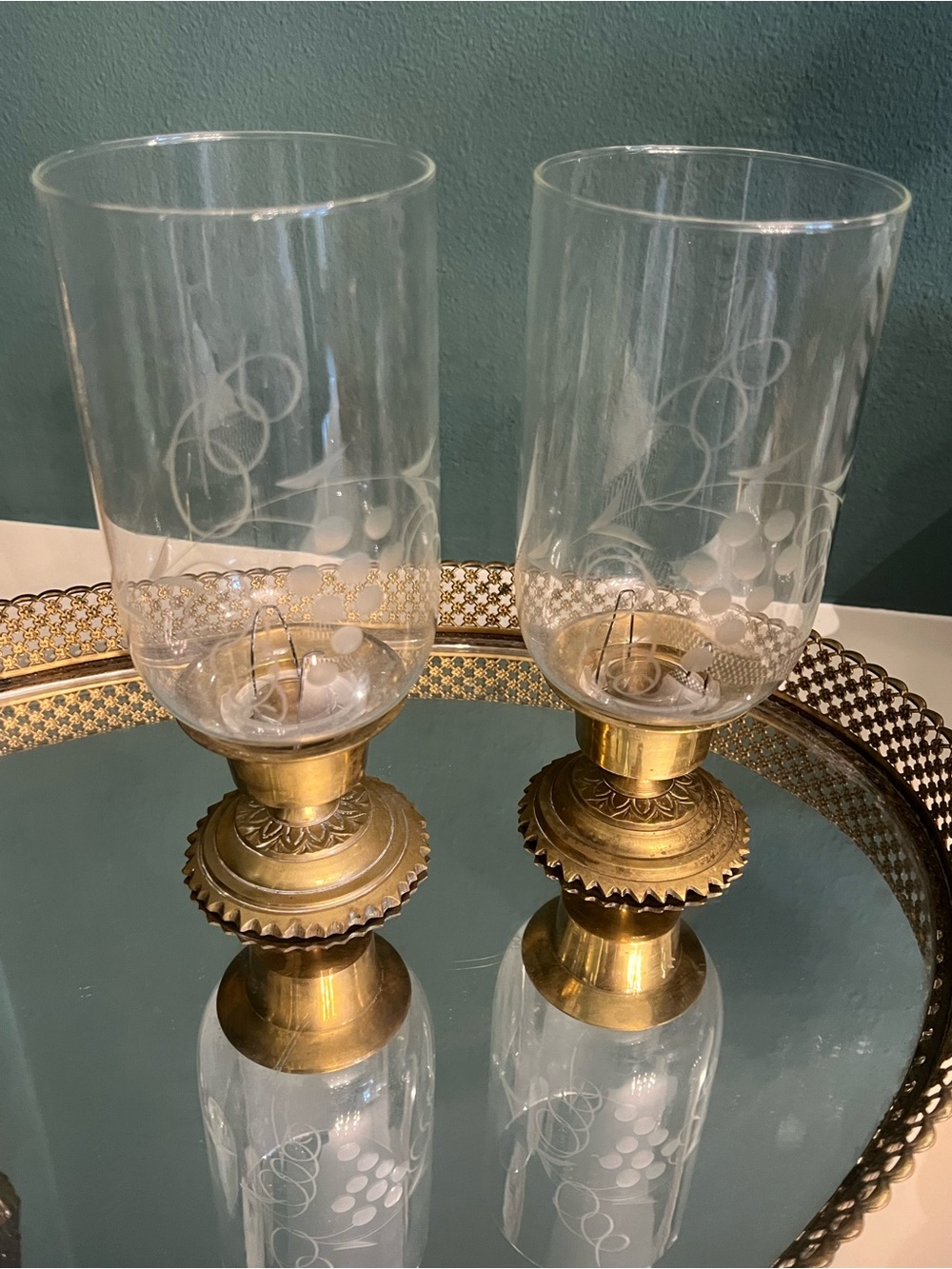 Vintage Etched Glass Hurricane Votives with Brass Pedestals - Pair